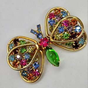 Vintage Judy Lee Multi Color Pastel Rhinestone Butterfly Gold Tone Pin Brooch